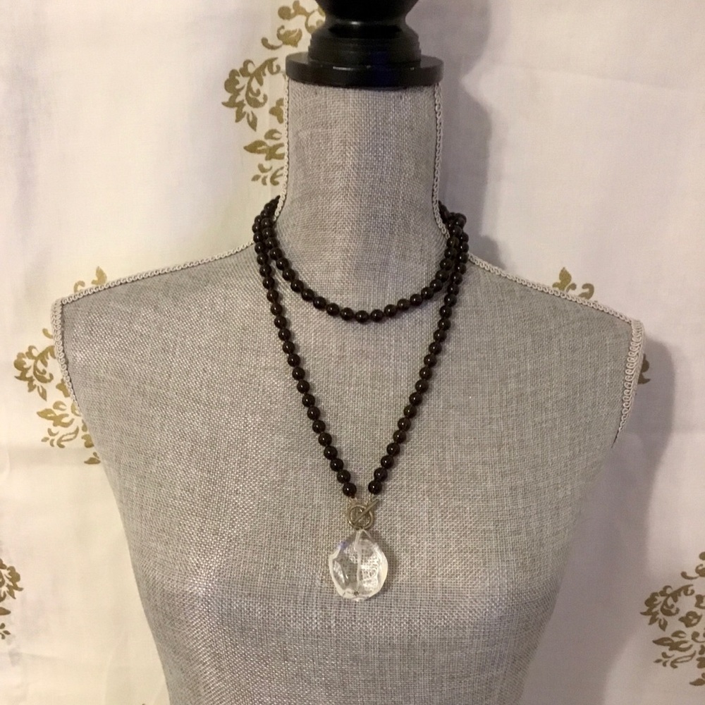 Topaz Glass Bead Necklace w Clear Crystal Pendant